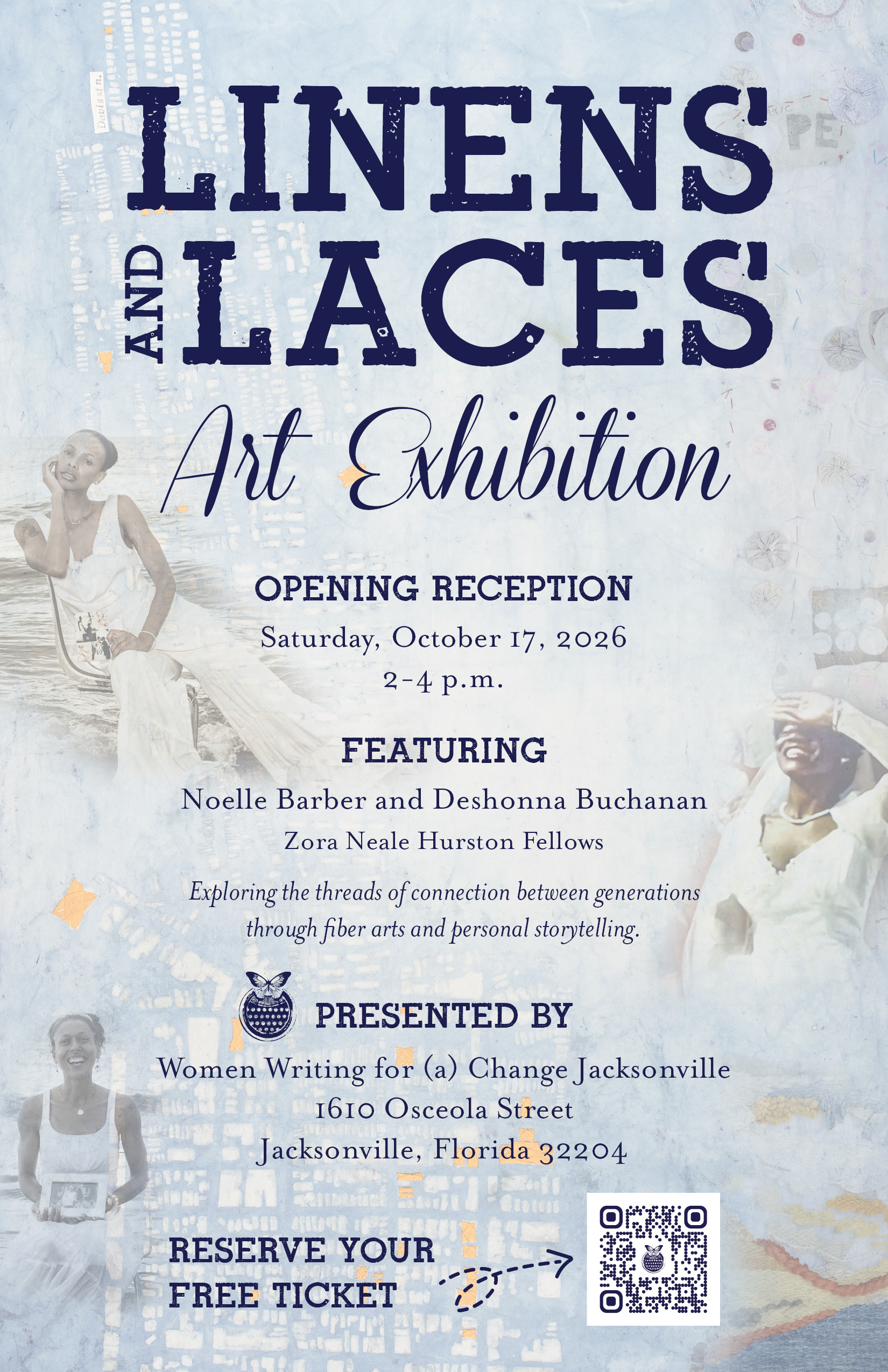 Linens & Laces art exhibition promotional flyer featuring information about an exhibition exploring Black women’s experiences with marriage and bridal traditions.